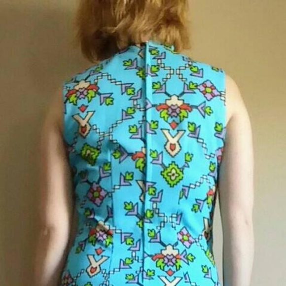 60's Cheongsam Turquoise Aztec Designer Dress - Picture 2 of 9